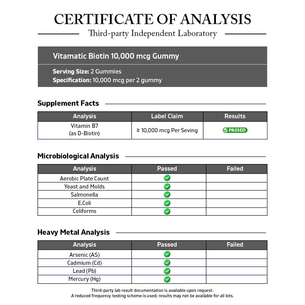 Back label of Vitamatic biotin 60 count bottle showing clear dietary ingredient facts and nutritional panel