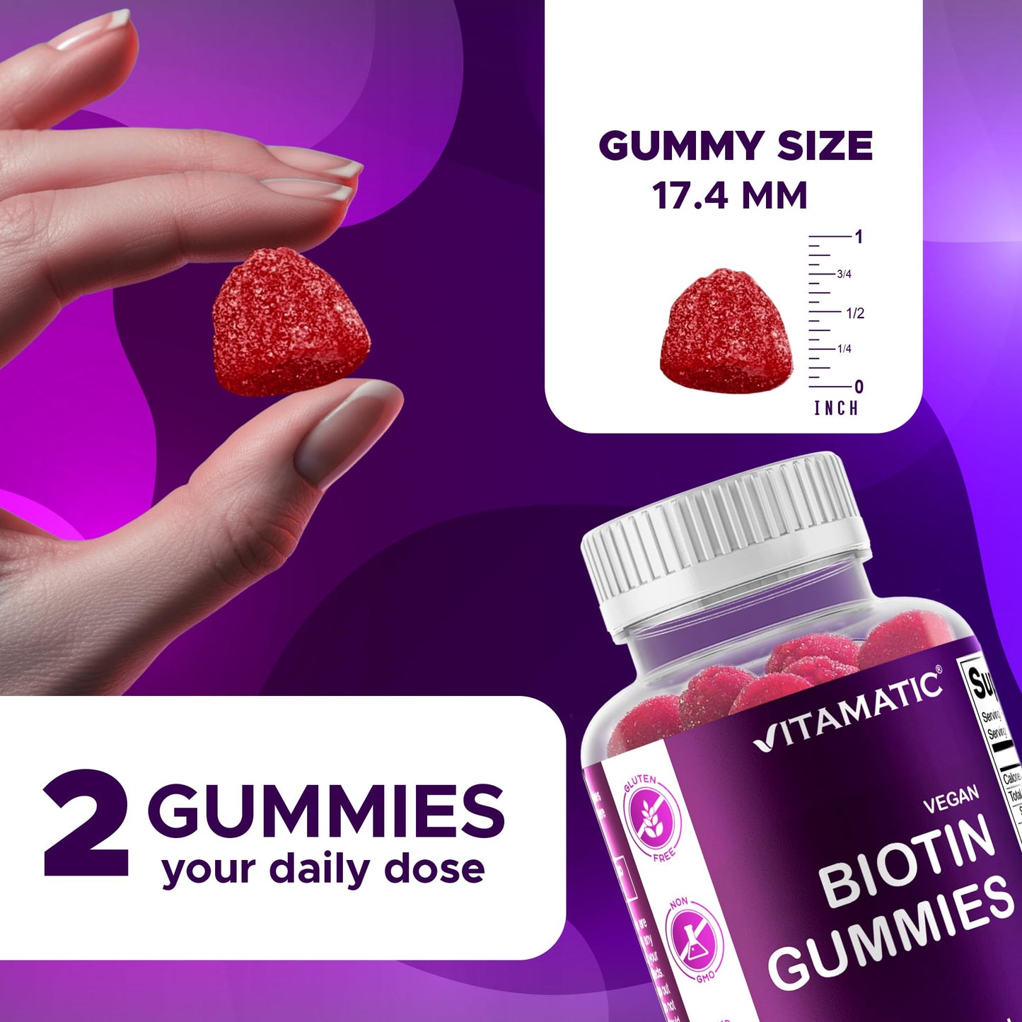 Close up view of two raspberry flavored plant based pectin gummies representing a single serving size