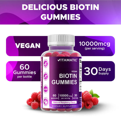 Vitamatic USA imported vitamin B7 supplement bottle showcasing non GMO and gluten free certification stamps