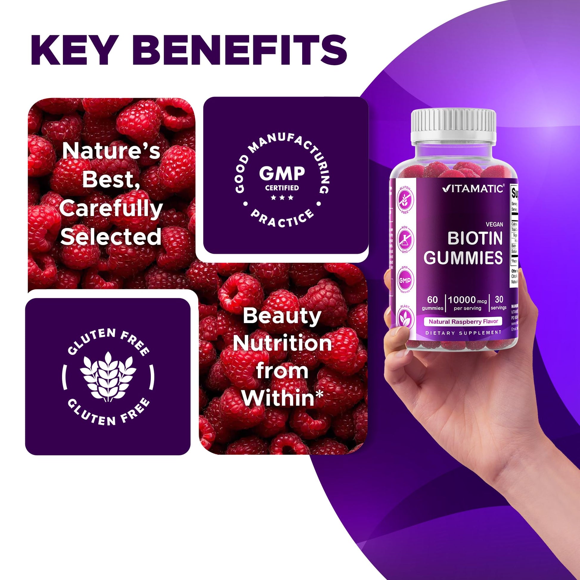 Side view of Vitamatic biotin bottle indicating vegan and gelatin free manufacturing details