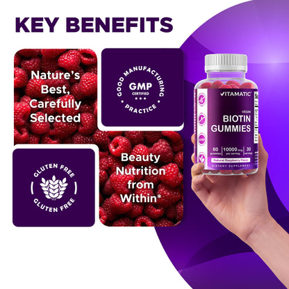Side view of Vitamatic biotin bottle indicating vegan and gelatin free manufacturing details