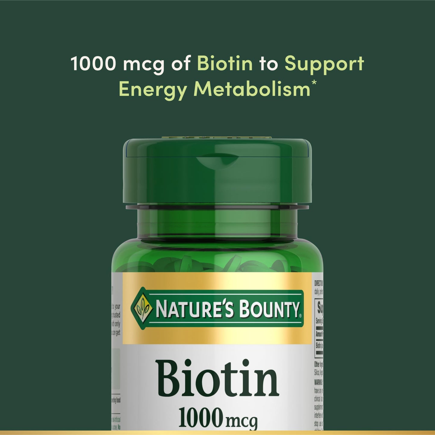 Close up view of Nature's Bounty Biotin water soluble B vitamin coated tablets
