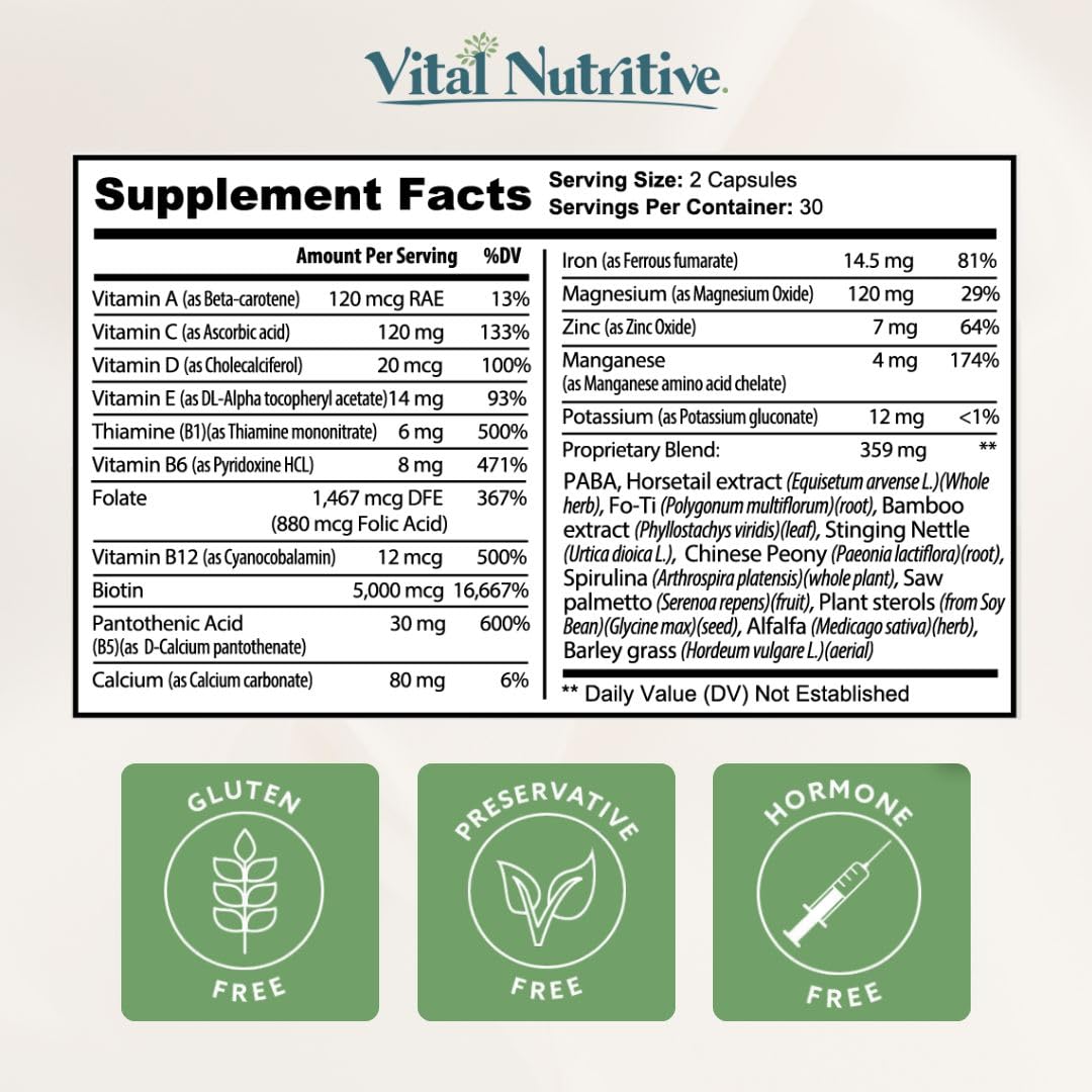 Back label of Vital Nutritive hair vitamins detailing complete vitamin B complex percentages