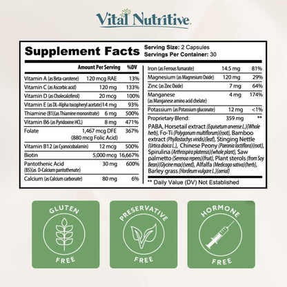 Back label of Vital Nutritive hair vitamins detailing complete vitamin B complex percentages