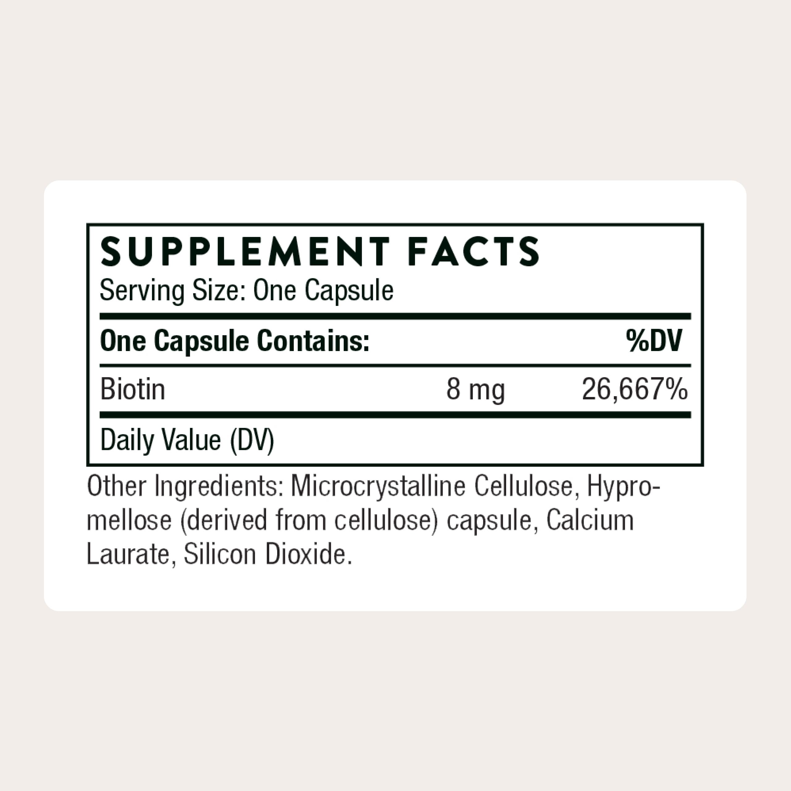 Thorne Vitamin B7 8 mg dietary supplement side label showing clean ingredients