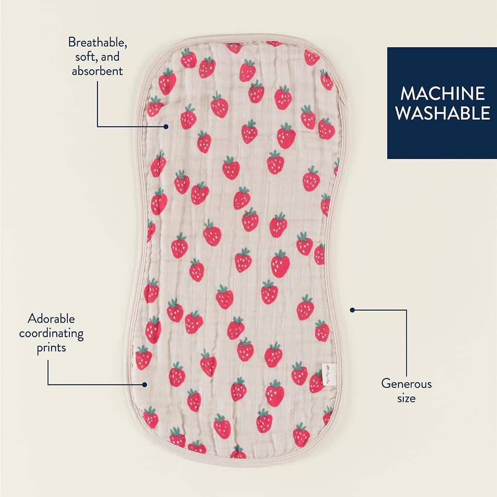 Itzy Ritzy baby burp cloths strawberry variant showcasing both trendy fruit and geometric patterns.