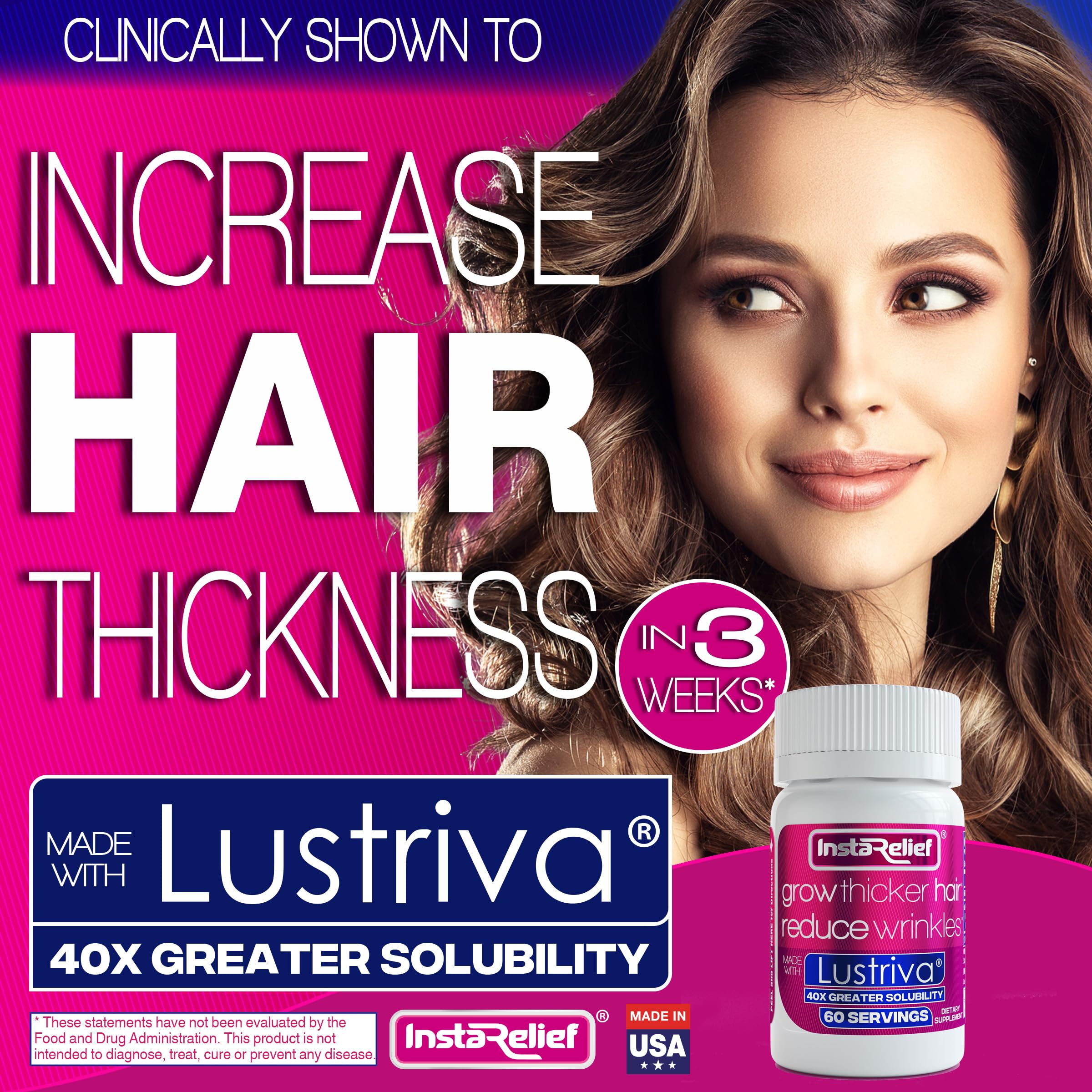 InstaRelief biotin silicon arginine supplement showing clinical results and ingredients label