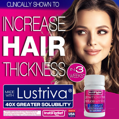 InstaRelief biotin silicon arginine supplement showing clinical results and ingredients label