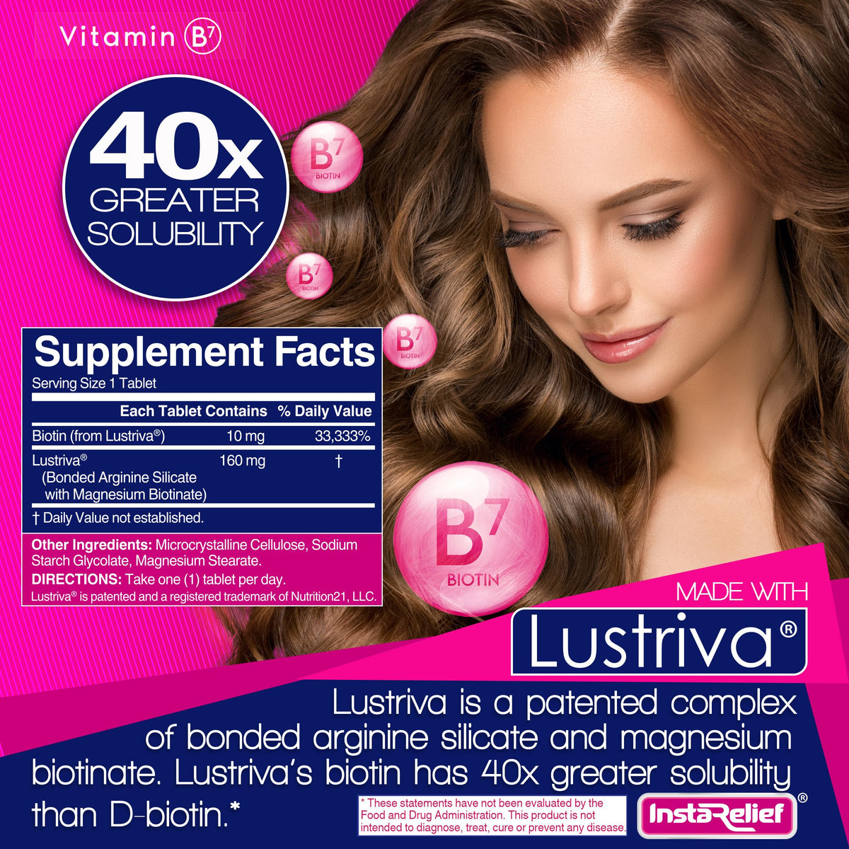 InstaRelief Lustriva premium hair health formula details showing forty times greater solubility