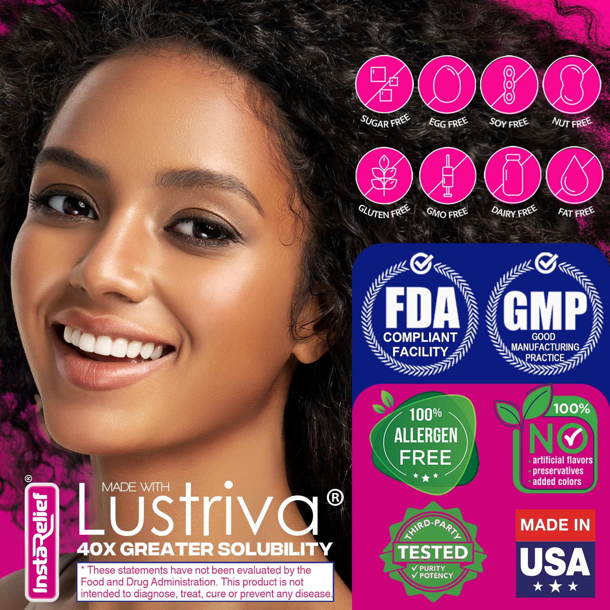 Vegan and non GMO certified InstaRelief hair growth tablets packaging side panel