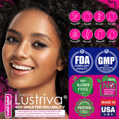 Vegan and non GMO certified InstaRelief hair growth tablets packaging side panel