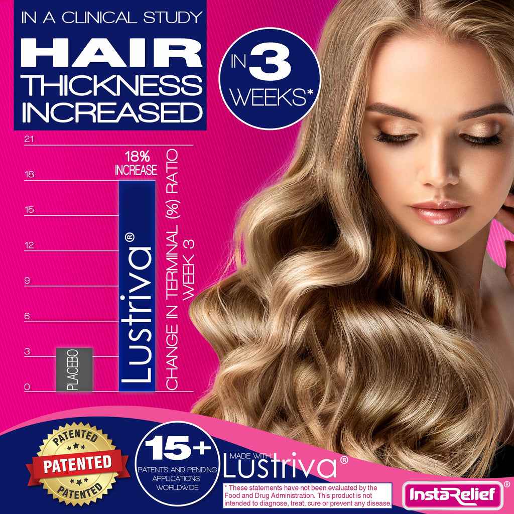 InstaRelief hair growth with Lustriva dietary supplement bottle with authentic import seal