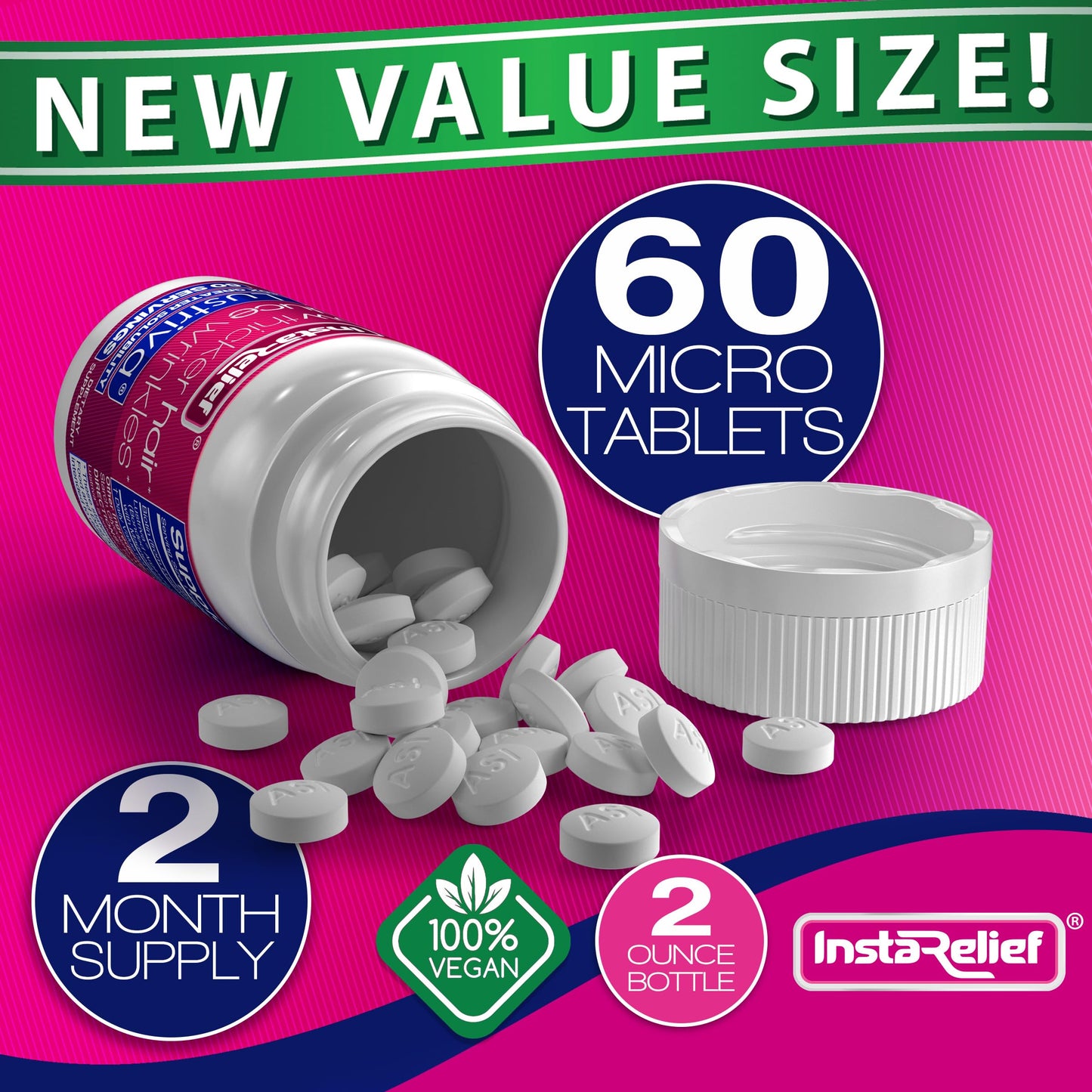 InstaRelief hair and skin rejuvenation daily supplement micro tablets size demonstration