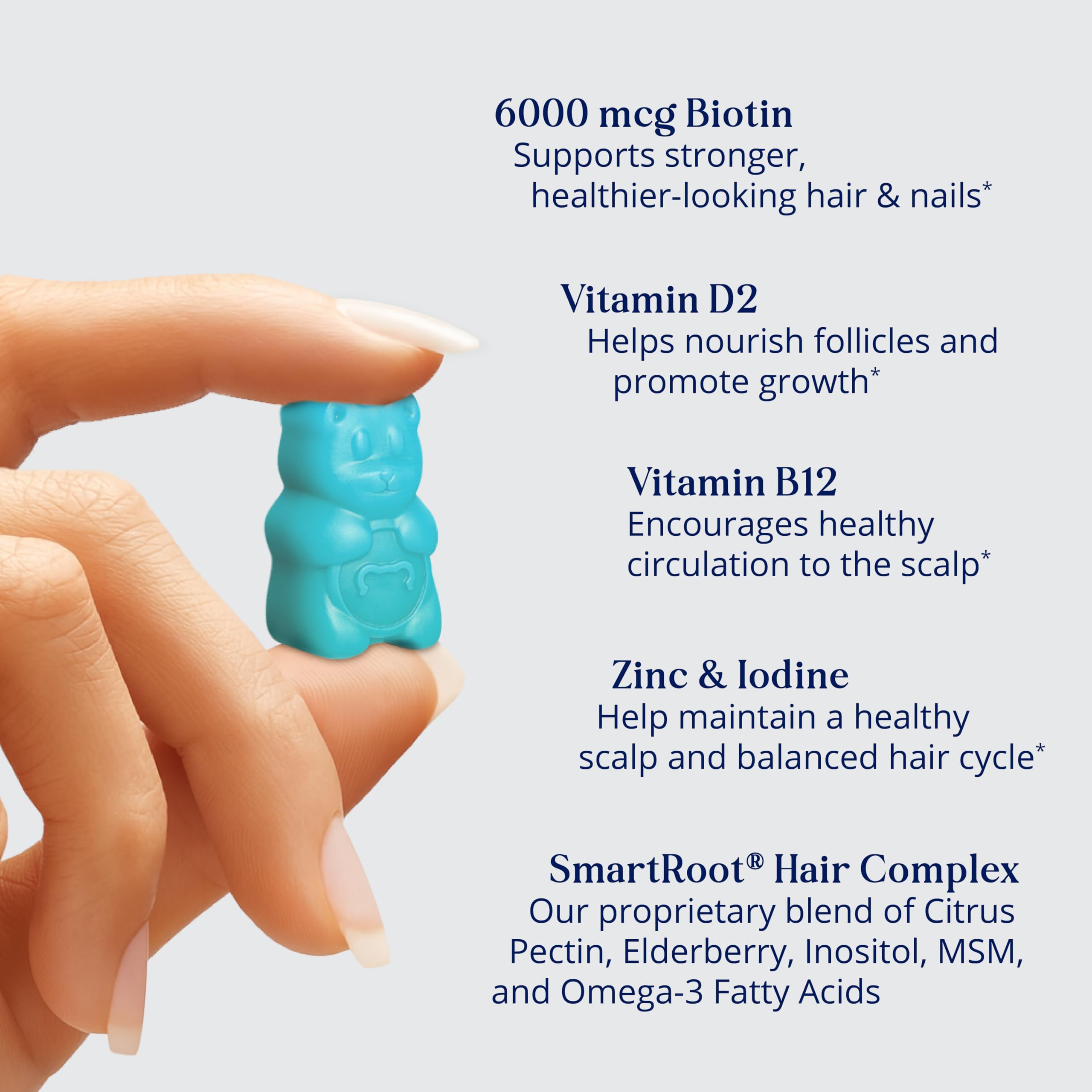 SugarbearPRO berry flavored chewable blue hair supplement gummies close up