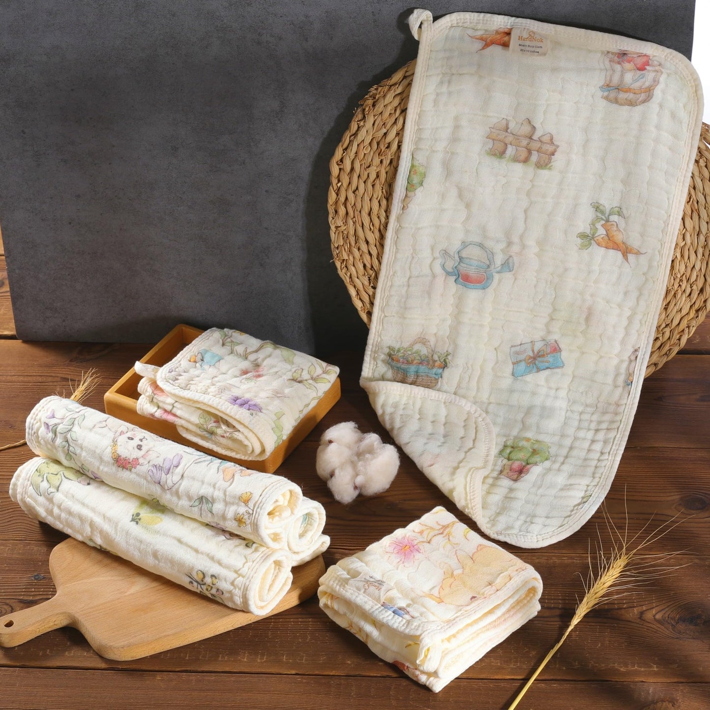 HardNok organic cotton baby burp towel woodland print pattern close up