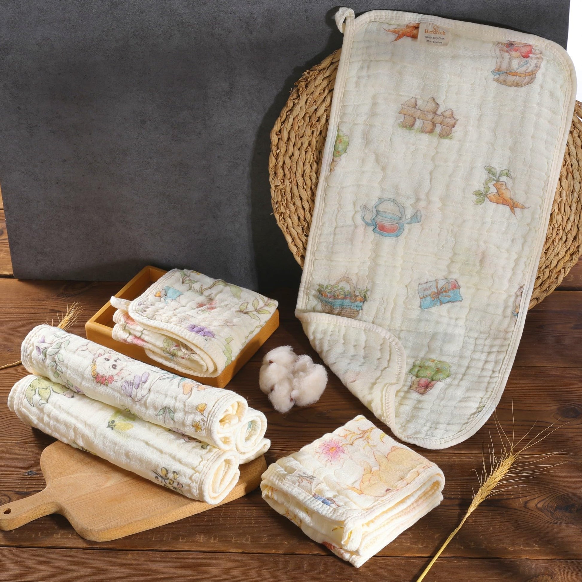 HardNok organic cotton baby burp towel woodland print pattern close up
