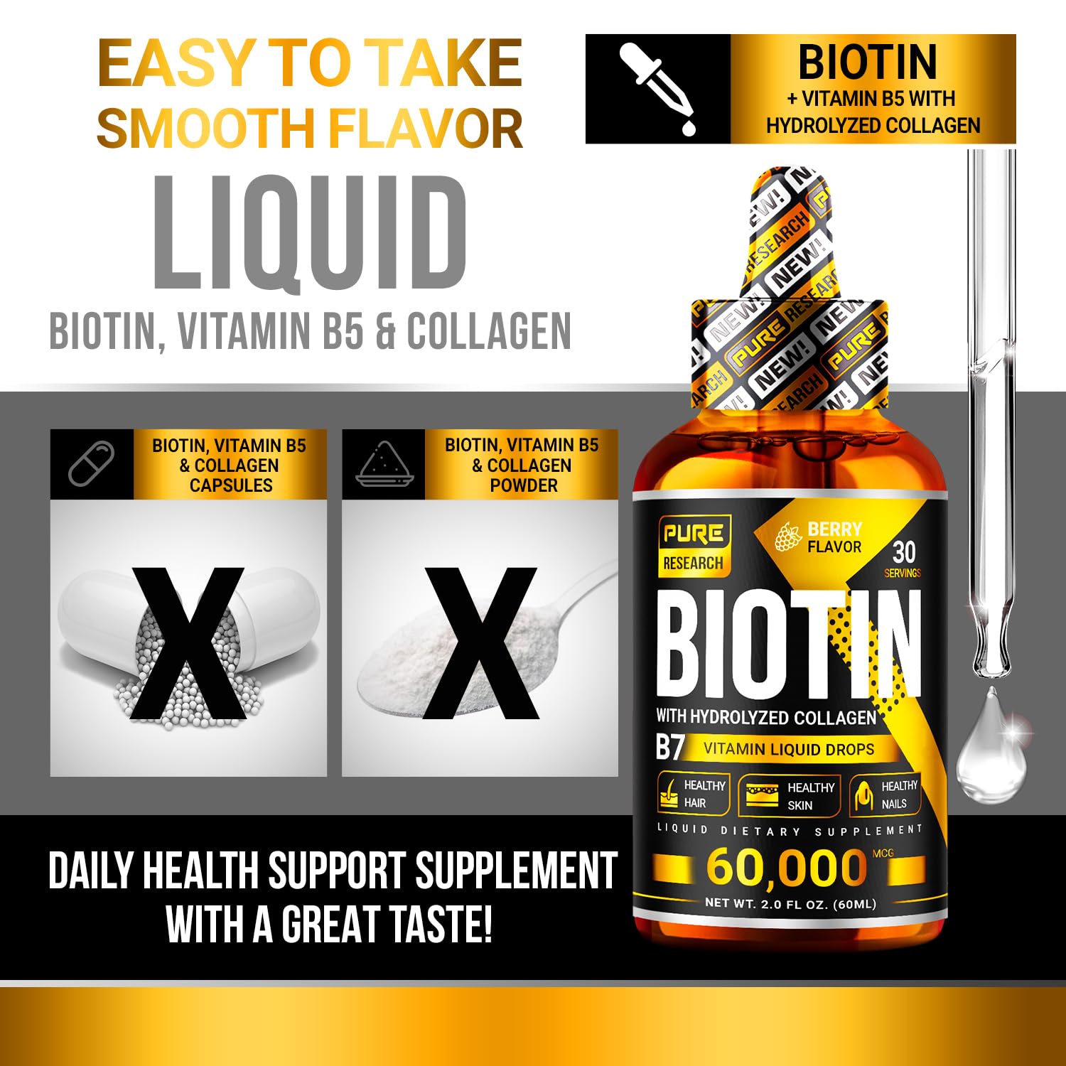 Pure Research Liquid Biotin and Collagen 60000 mcg supplement facts label