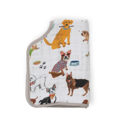 Little Unicorn Woof print burp cloth folded to show size