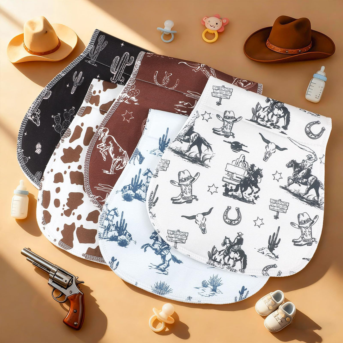 SmoothNovelty Western theme baby registry gift set including five absorbent rags with matching presentation labels