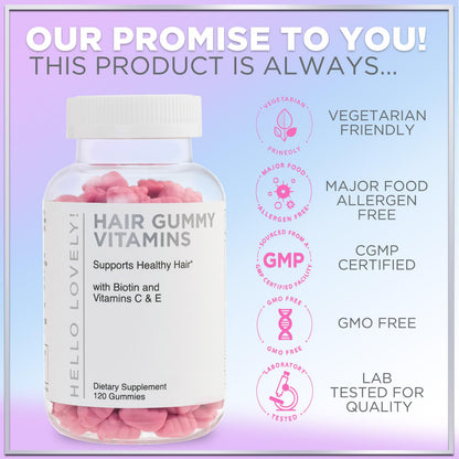 Vegetarian berry flavored hair skin and nails vitamin gummies displayed outside the bottle.