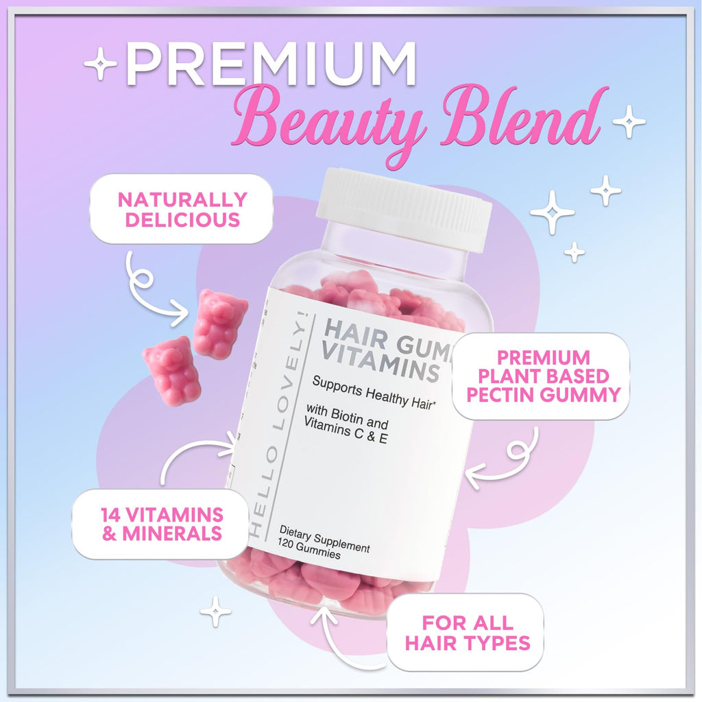 Hello Lovely premium beauty complex supplement bottle highlighting non-GMO and gluten-free seals.