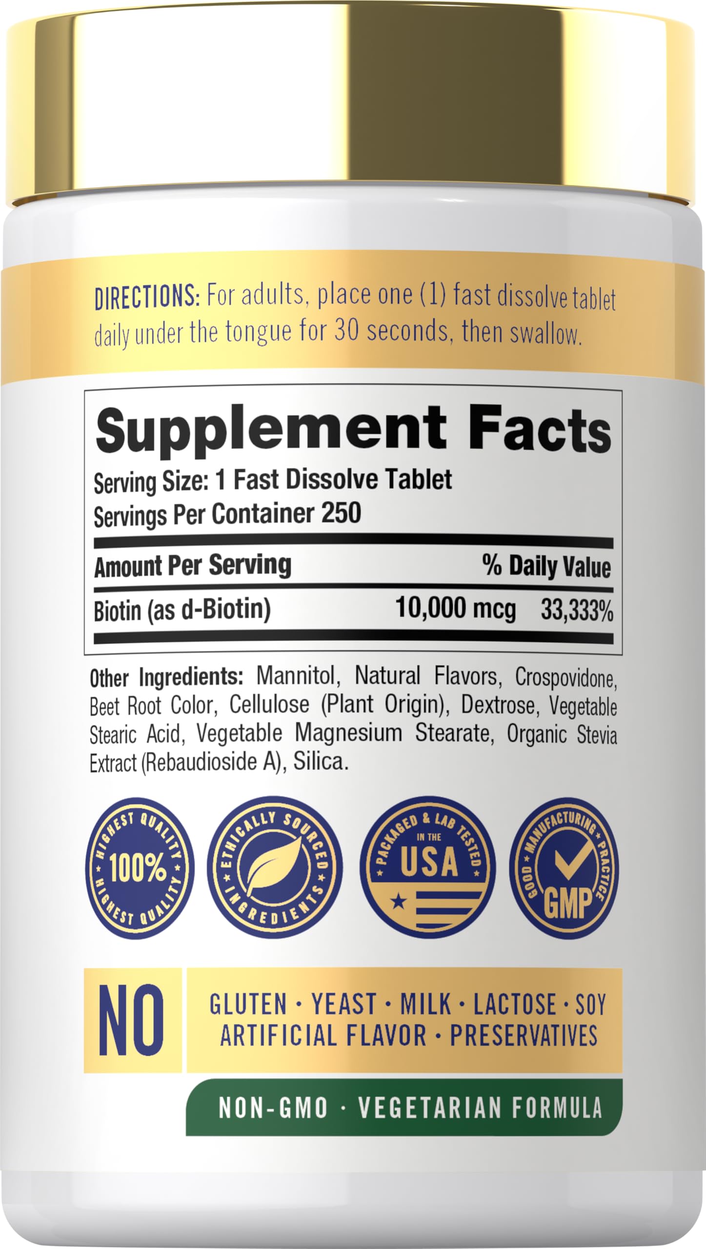 Carlyle maximum strength biotin tablets supplement facts and ingredient label side view