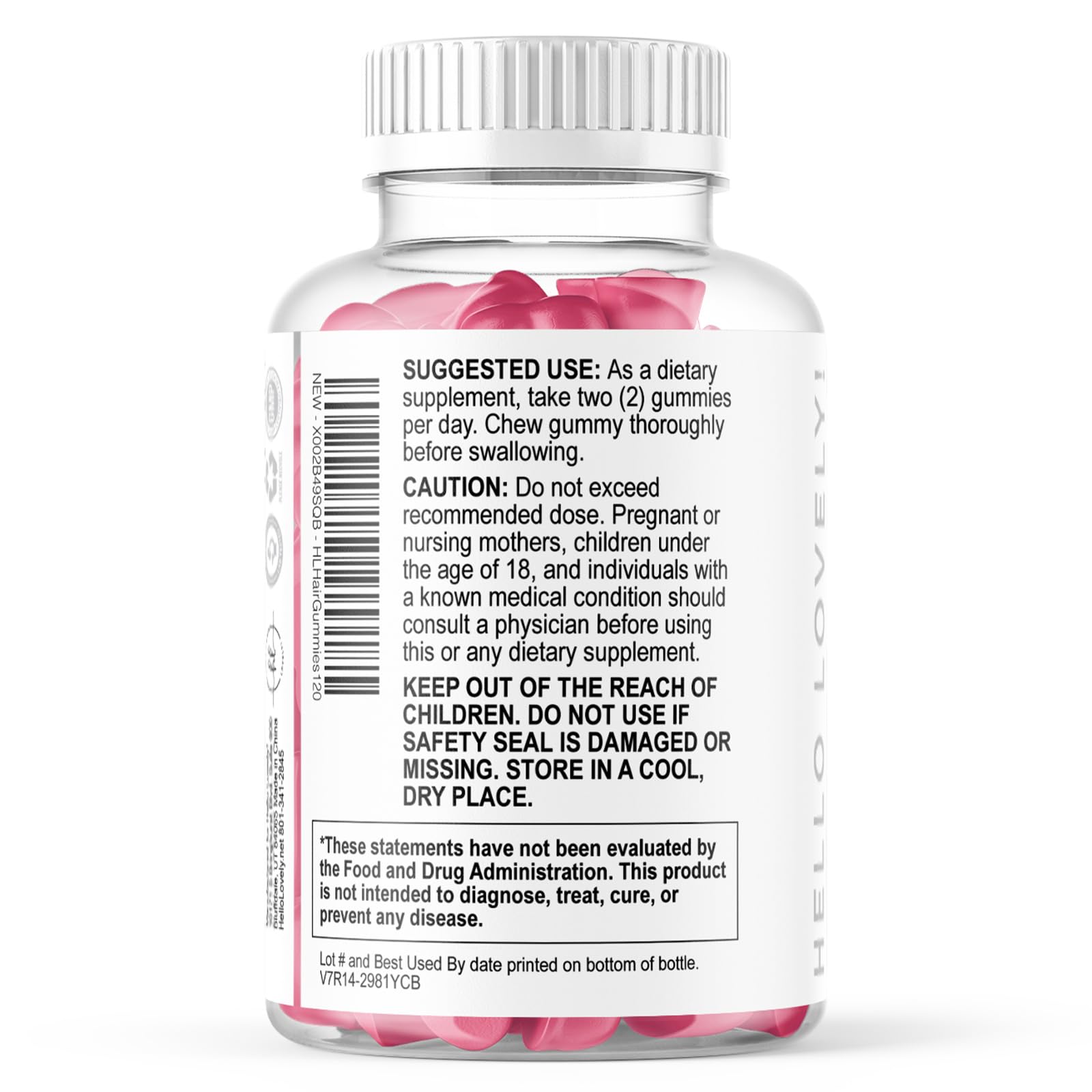 Nutritional facts panel on Hello Lovely biotin gummies indicating serving size details.