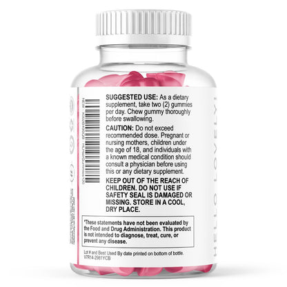 Nutritional facts panel on Hello Lovely biotin gummies indicating serving size details.