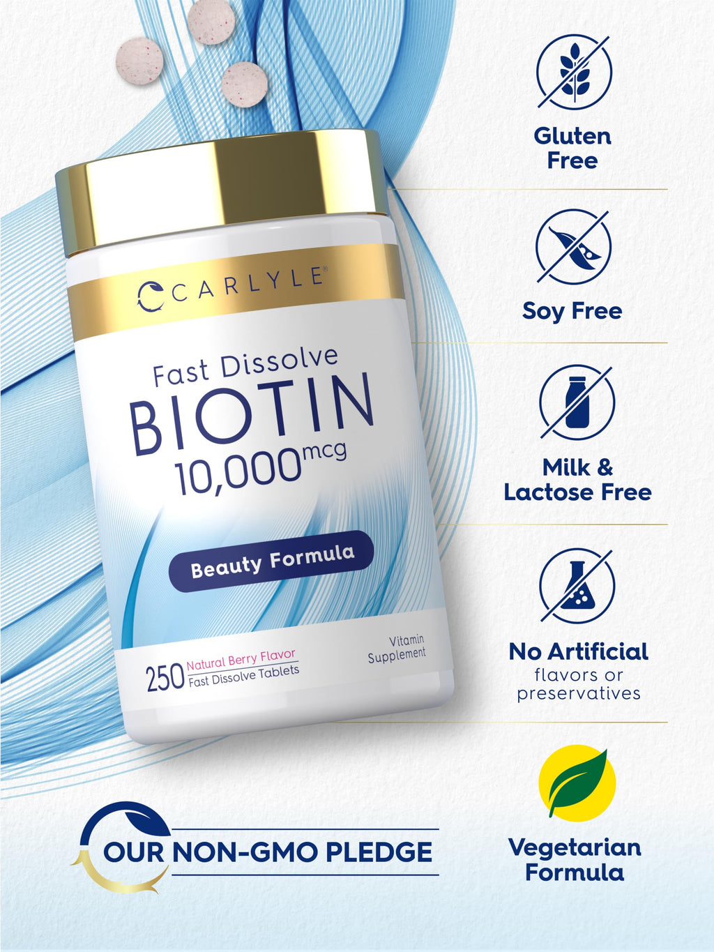 Carlyle premium vitamin B7 fast melting daily beauty supplement bottle close up