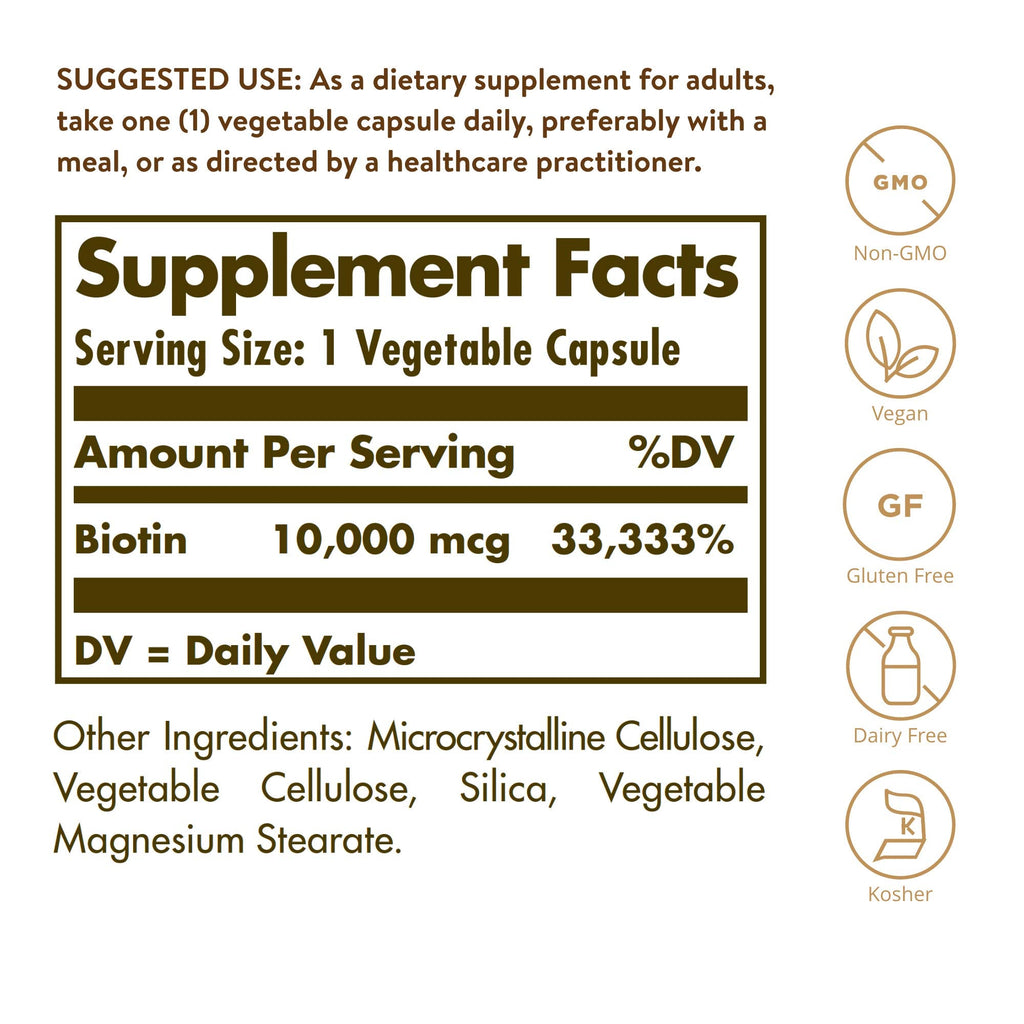 Solgar Biotin 10000 mcg supplement facts and clean ingredient label details