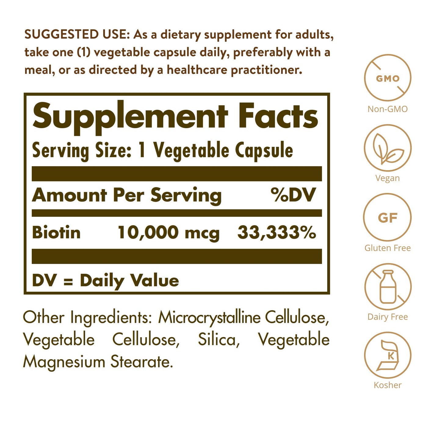 Solgar Biotin 10000 mcg supplement facts and clean ingredient label details