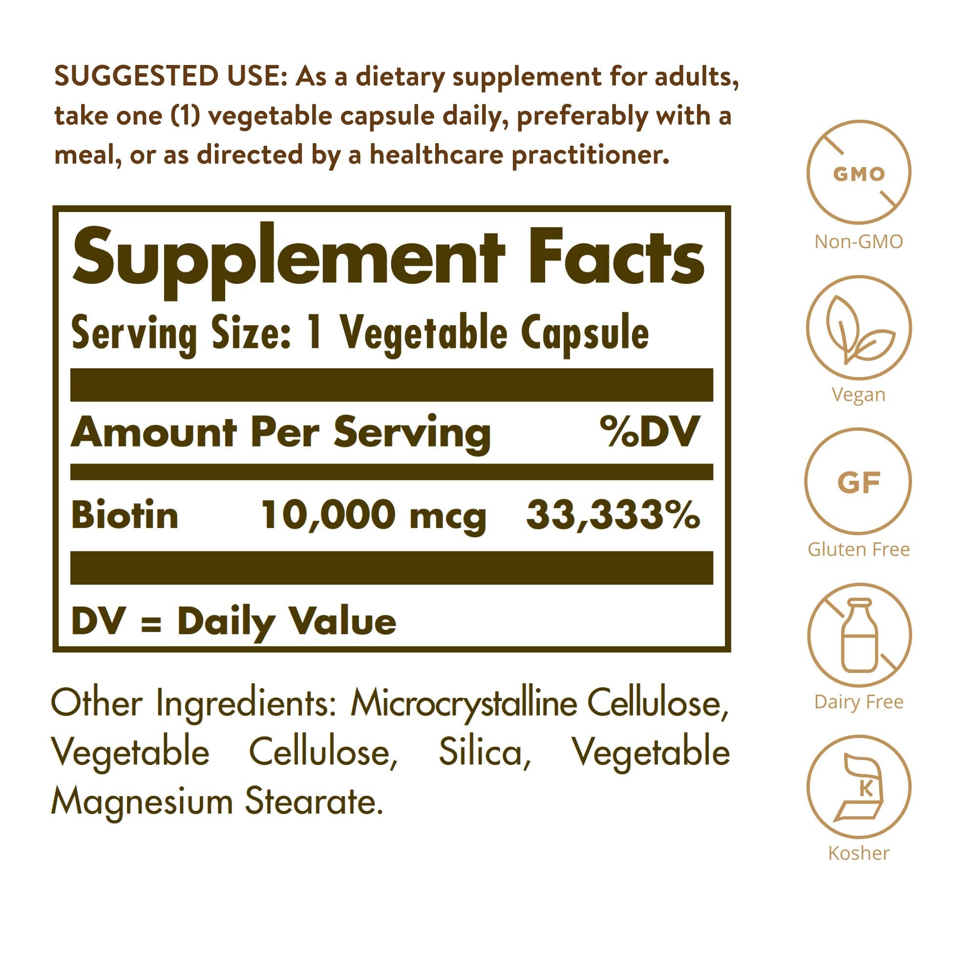 Solgar Biotin 10000 mcg supplement facts and clean ingredient label details