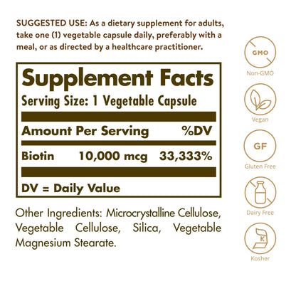 Solgar Biotin 10000 mcg supplement facts and clean ingredient label details