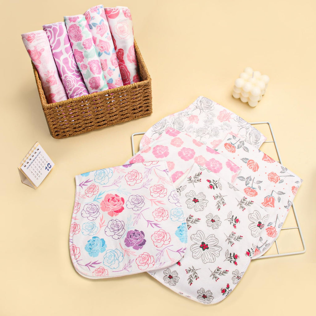 Close up of pink and purple floral burp cloth print