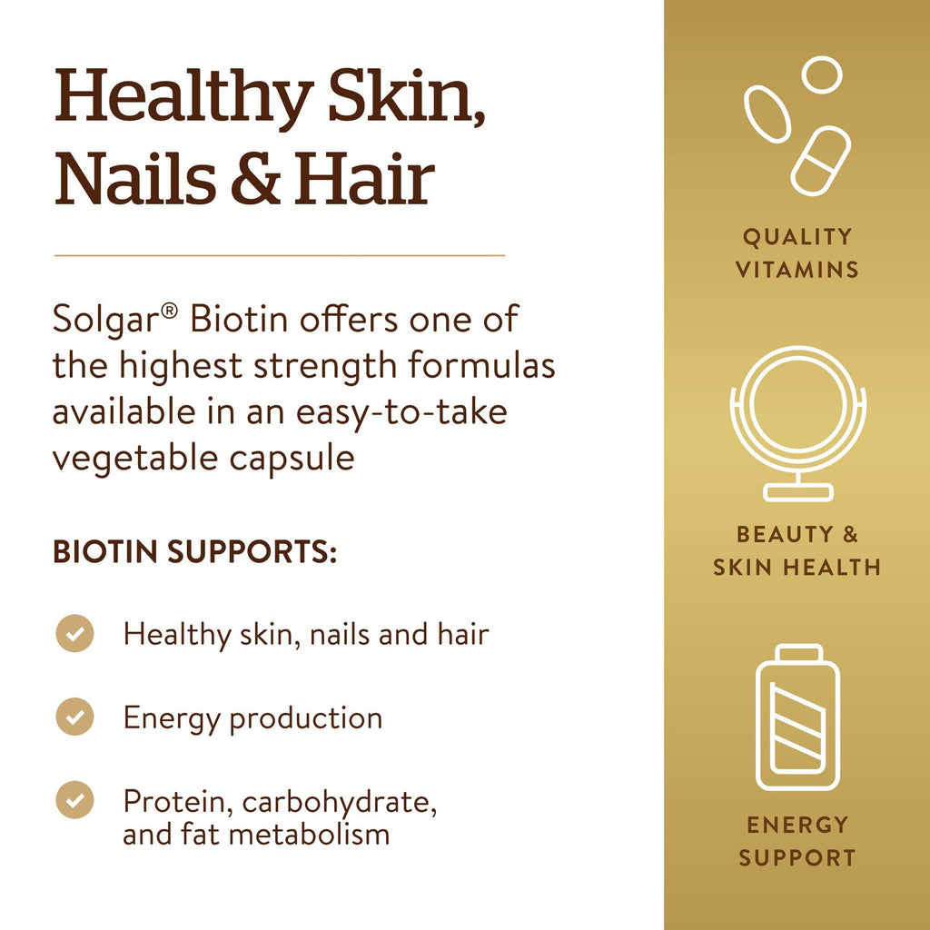 Solgar vegan biotin capsules displayed next to the amber dietary supplement bottle