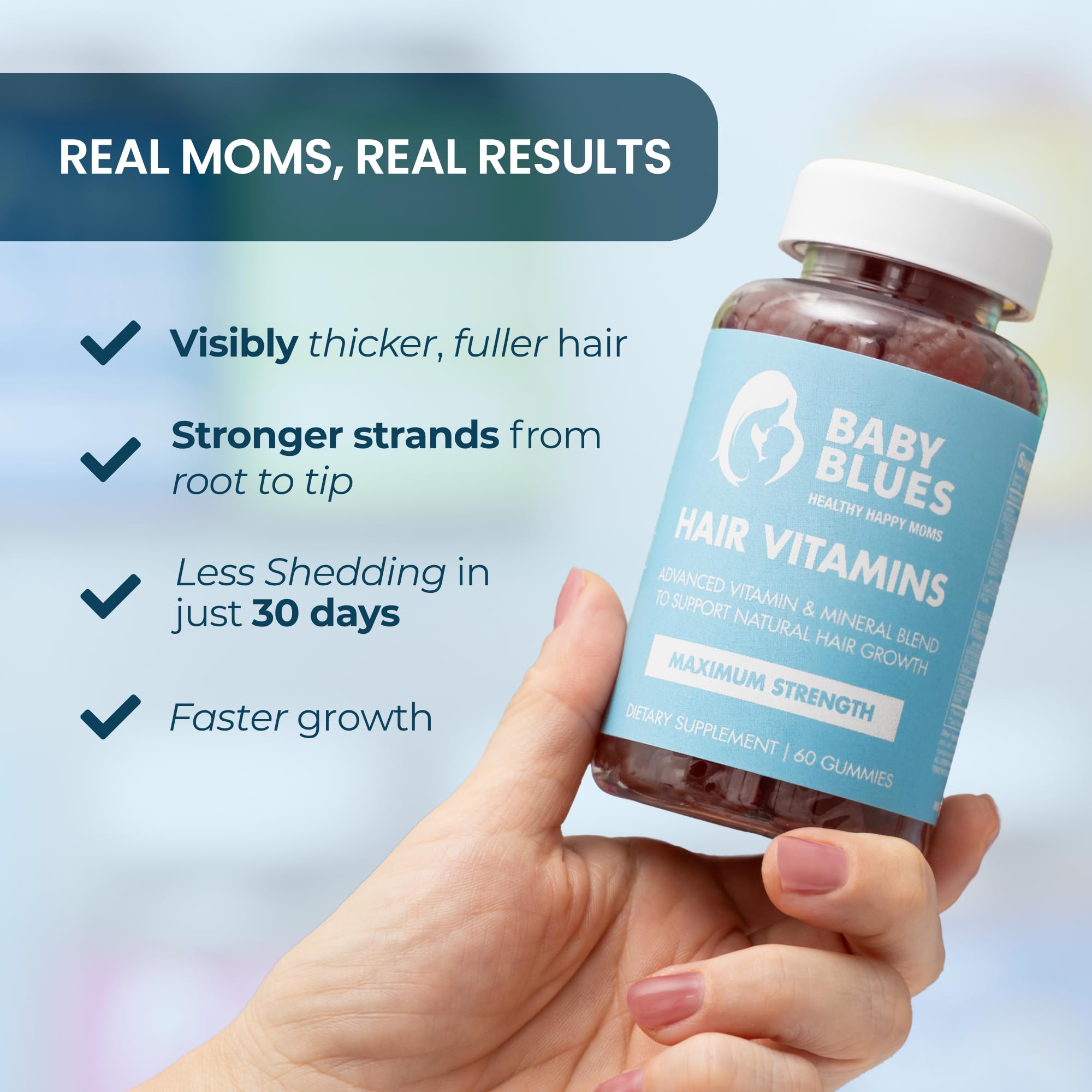 Baby Blues hair growth gummies supplement facts panel showing biotin and collagen levels