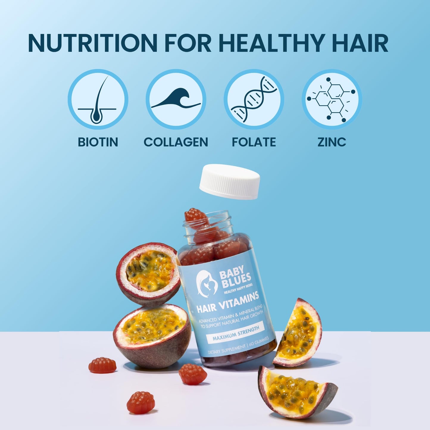 Baby Blues postpartum vitamins bottle with clean lifestyle background
