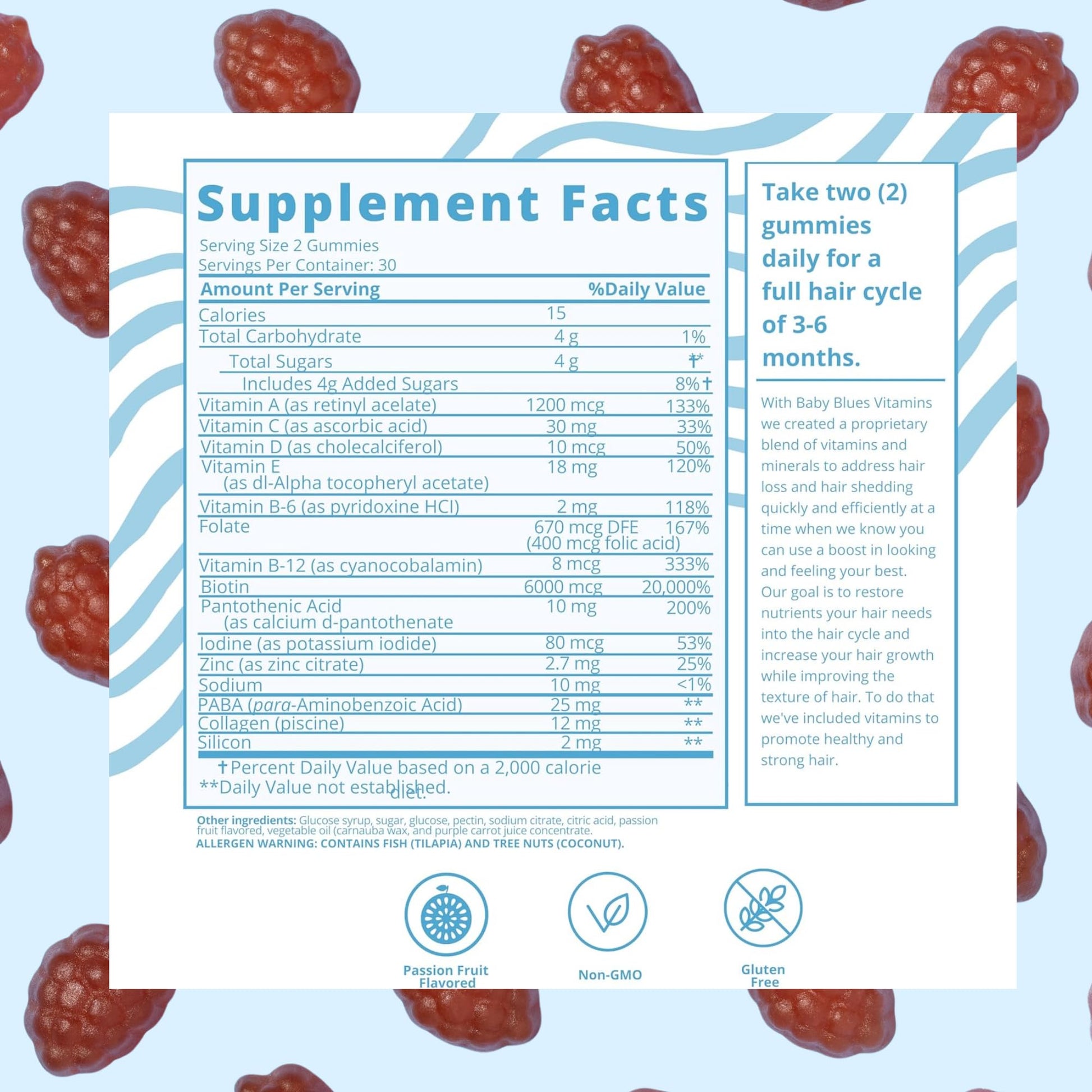 Close up of Baby Blues hair shedding supplement bottle showing sixty count text