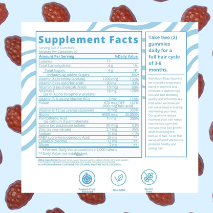 Close up of Baby Blues hair shedding supplement bottle showing sixty count text