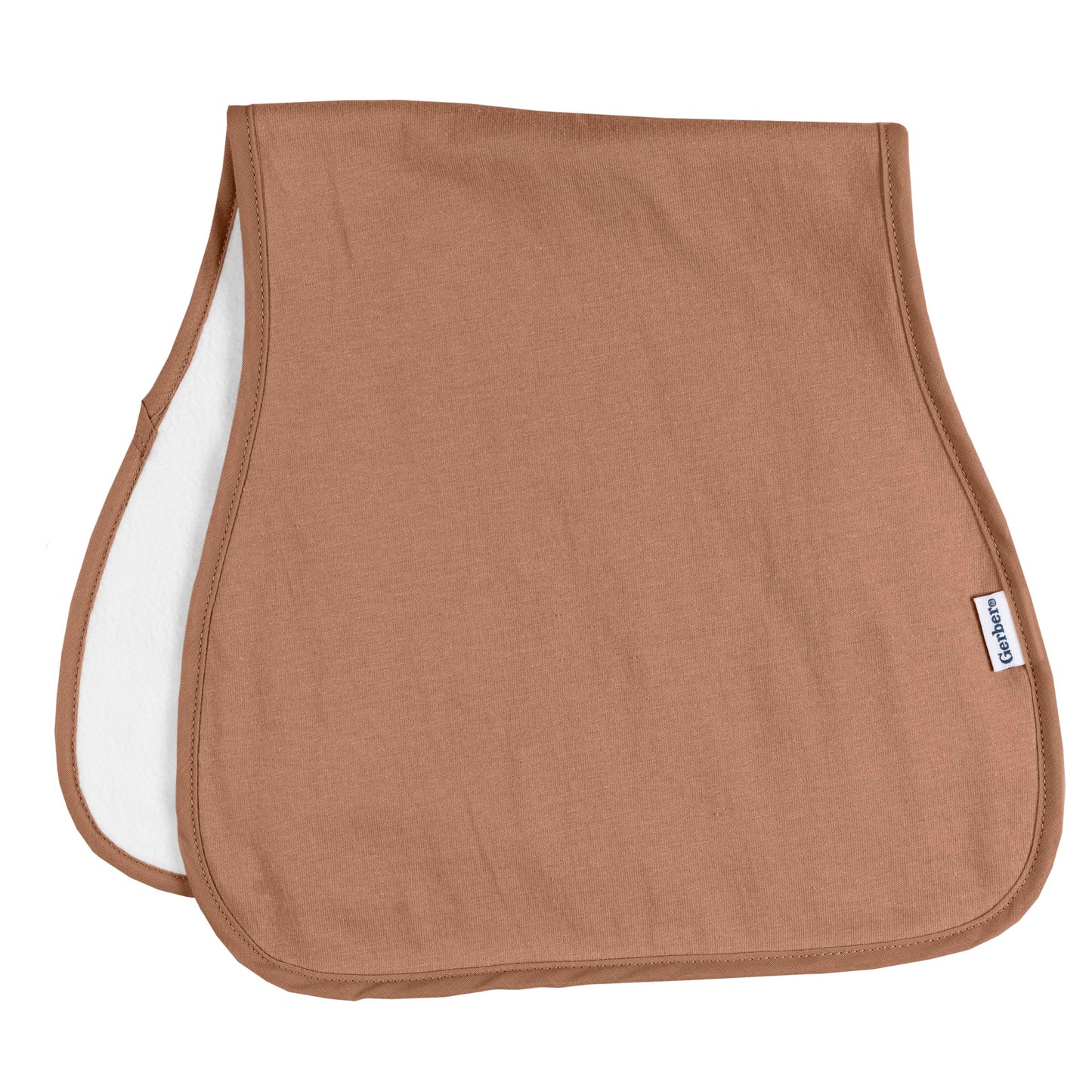 Parent using Gerber rust and tan burp cloth on shoulder