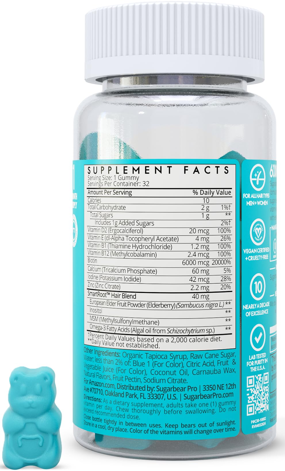 SugarBearPro blue bear shaped vegan hair gummies placed outside the bottle