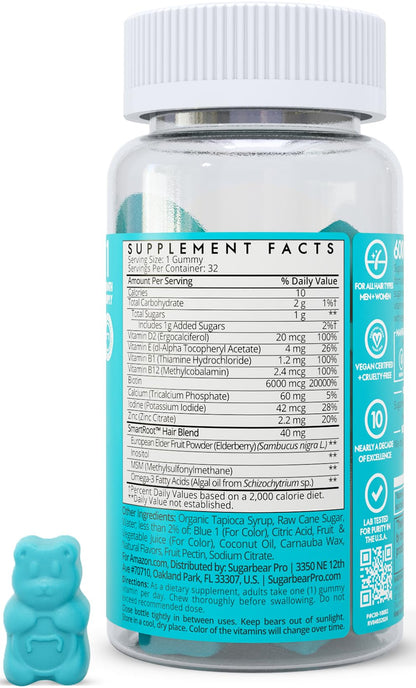 SugarBearPro blue bear shaped vegan hair gummies placed outside the bottle