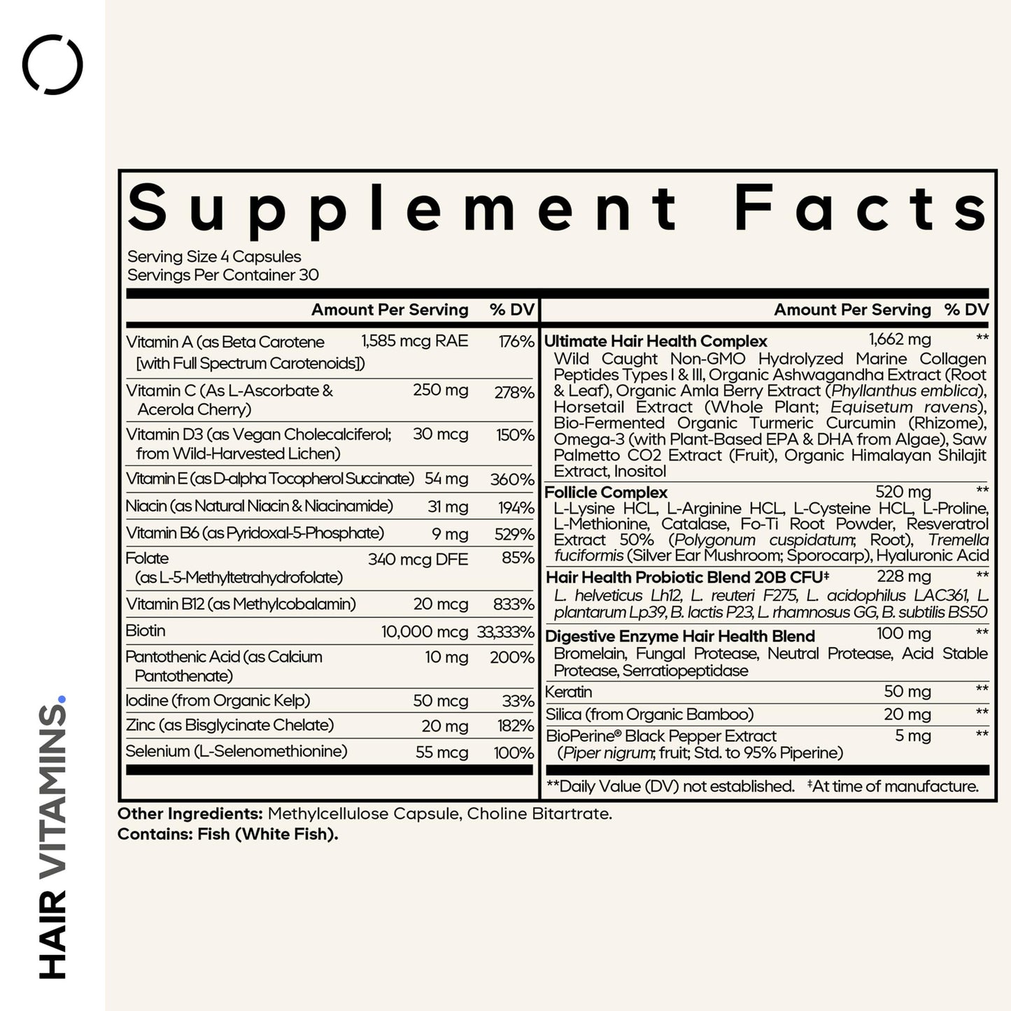Codeage Hair Vitamins supplement facts label highlighting ten thousand micrograms biotin content