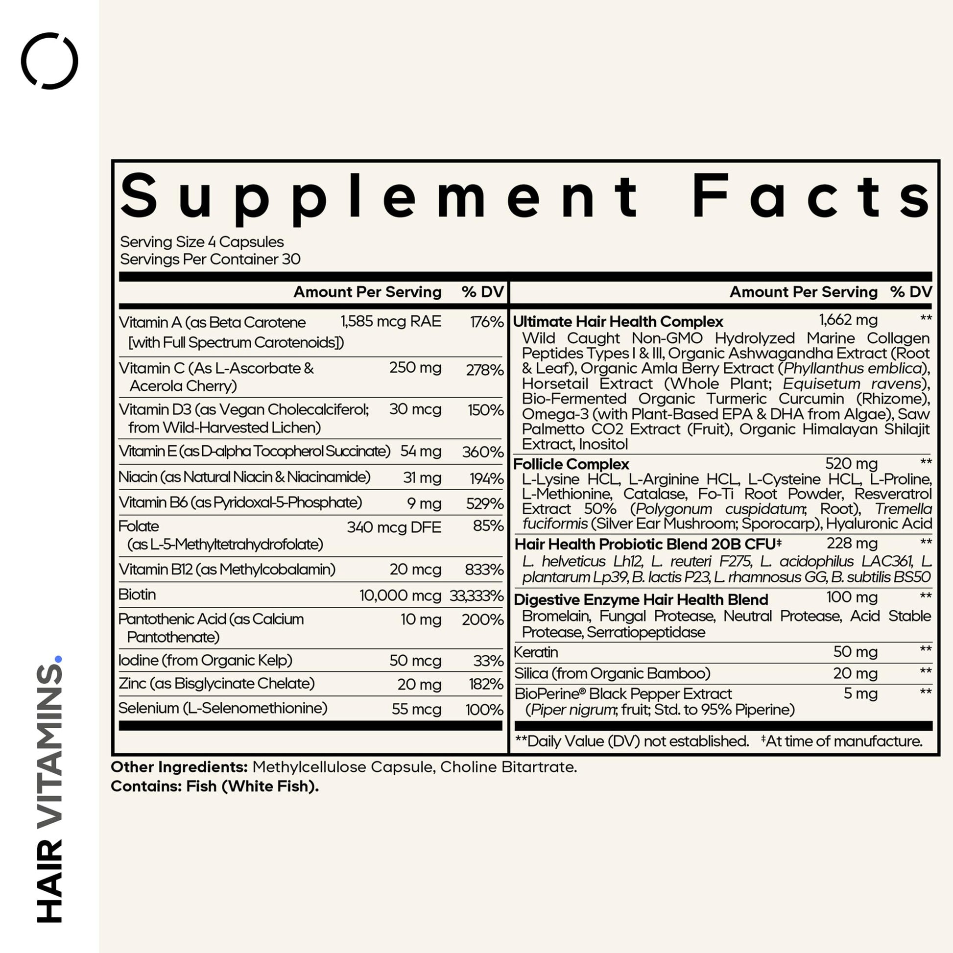 Codeage Hair Vitamins supplement facts label highlighting ten thousand micrograms biotin content
