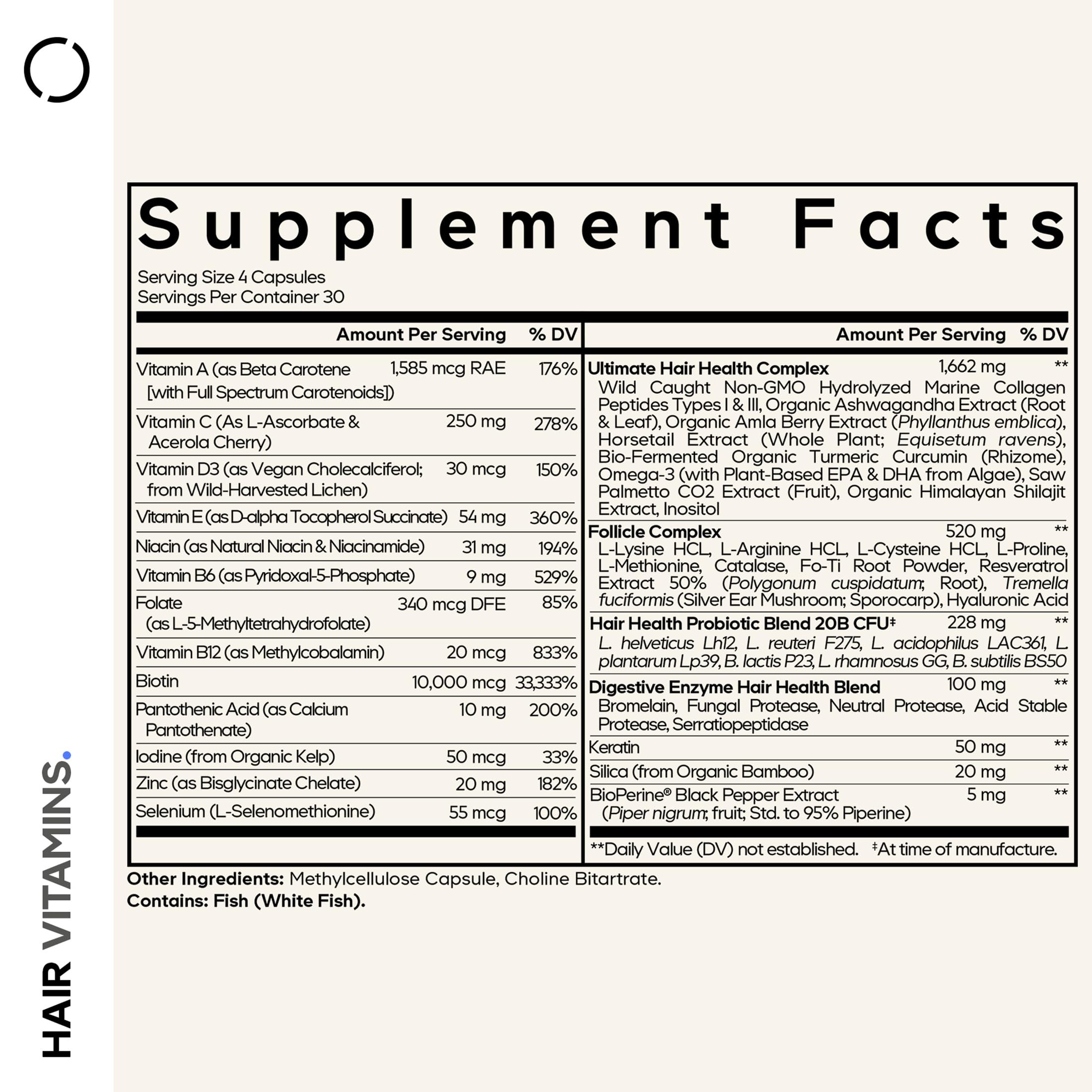 Codeage Hair Vitamins supplement facts label highlighting ten thousand micrograms biotin content
