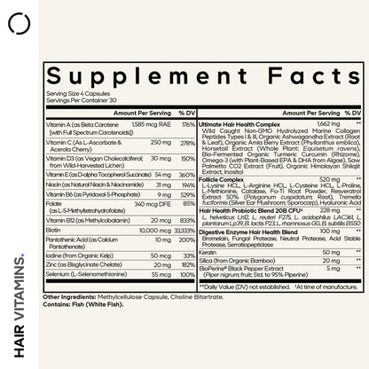 Codeage Hair Vitamins supplement facts label highlighting ten thousand micrograms biotin content