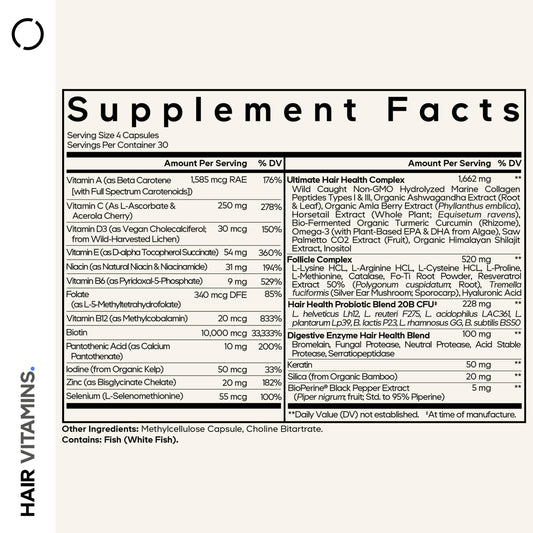 Codeage Hair Vitamins supplement facts label highlighting ten thousand micrograms biotin content