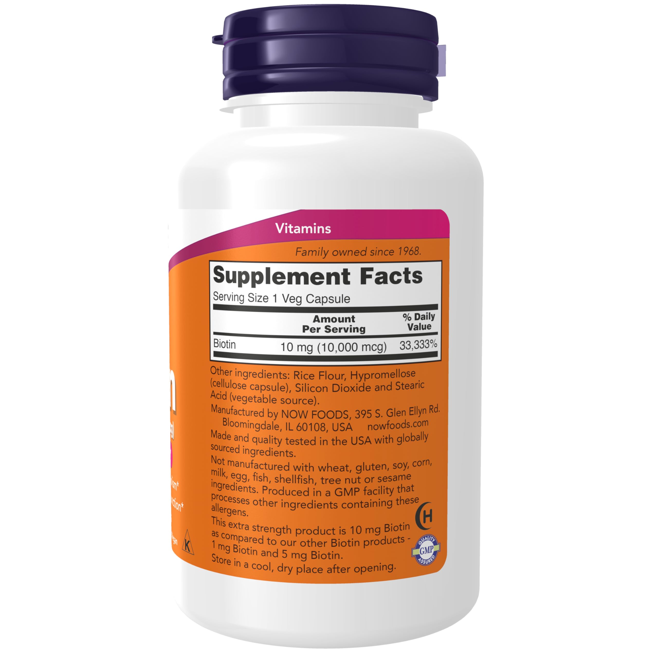NOW Foods Biotin 10,000 mcg supplement facts and ingredient list panel