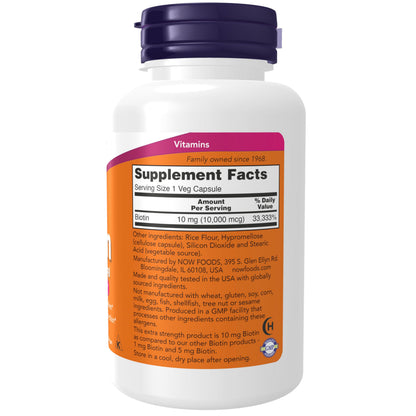NOW Foods Biotin 10,000 mcg supplement facts and ingredient list panel