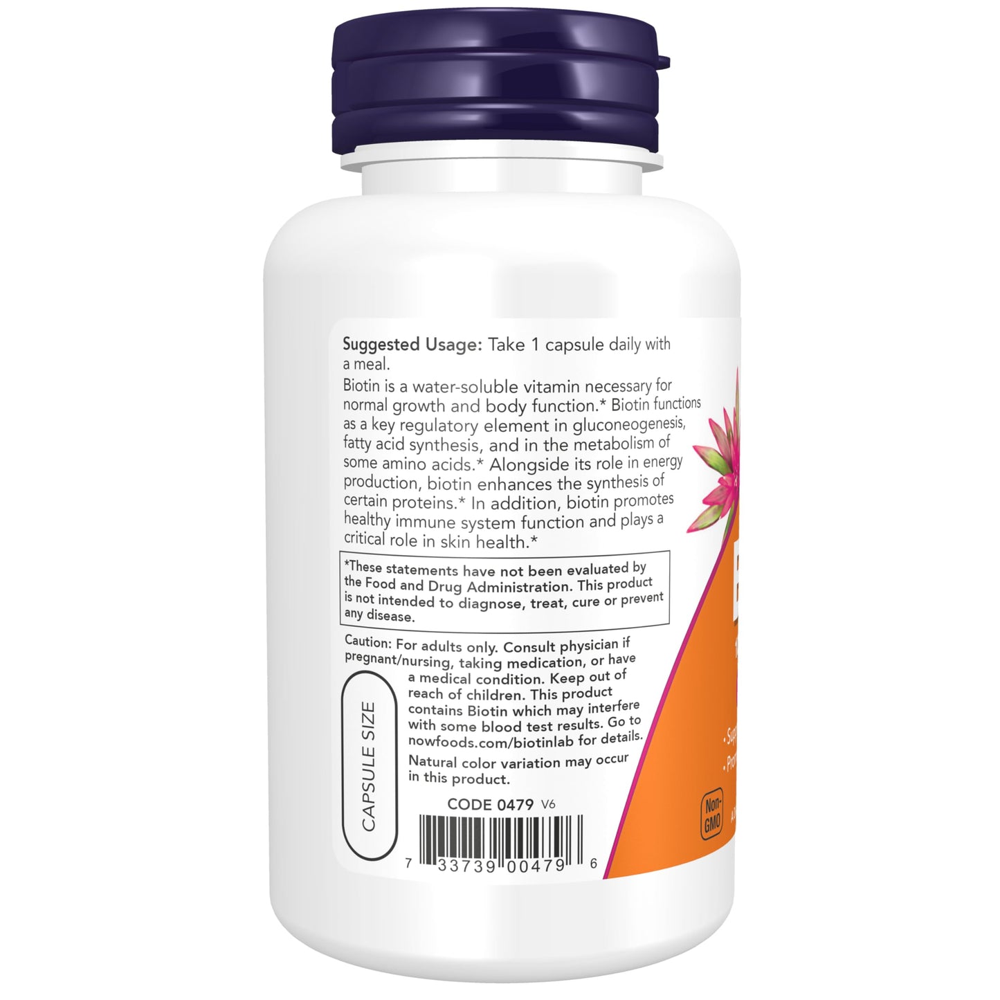 Side angle of NOW Foods 120 vegetarian capsules biotin container showing allergen free labels